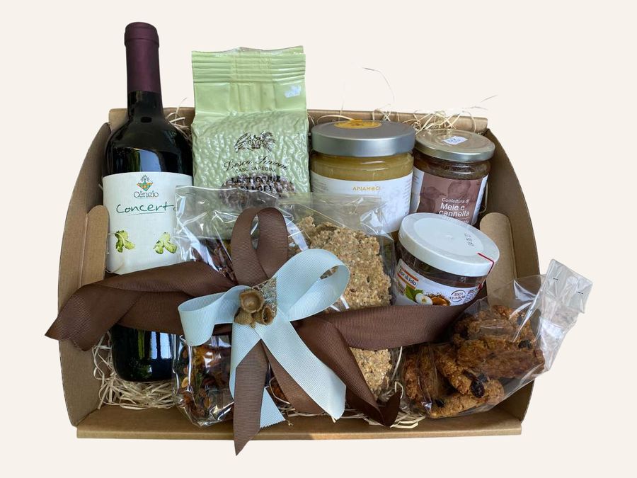 Cesto medio con vino Concerto, legumi e confetture